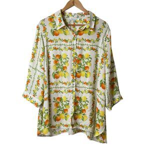 Rose + Olive Tunic Top Sz 2X Button Up Citrus Lemon Orange Print Chiffon Resort